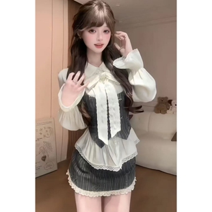 收腰马甲半身裙时尚 衬衫 复古三件套女 英伦学院风少女感喇叭袖 法式