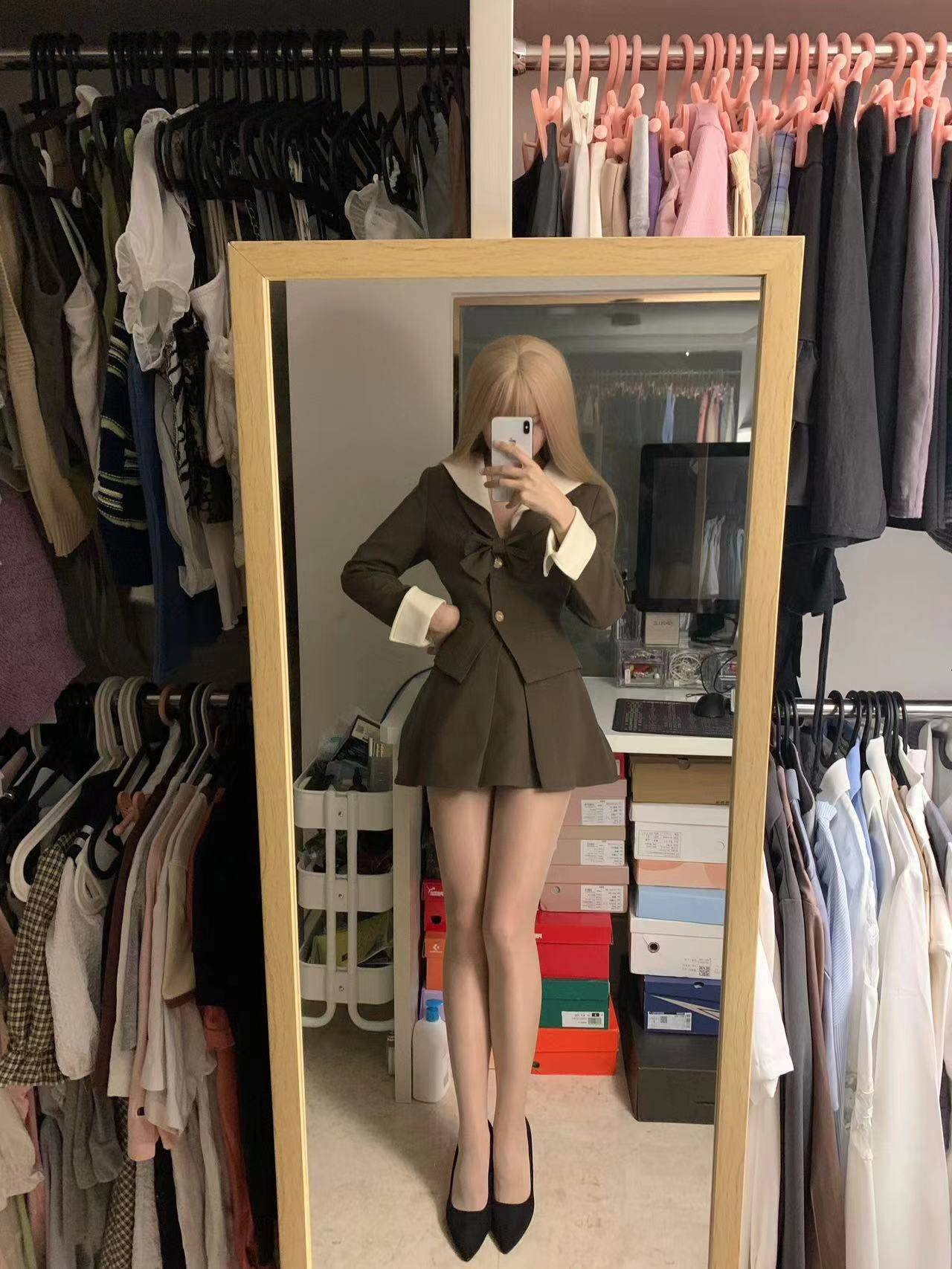 美式学院风海军领蝴蝶结西装外套+高腰短裙收腰复古制服两件套女