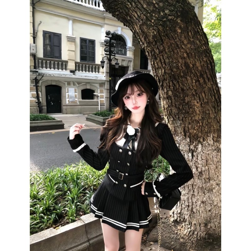 法式千金学院风条纹撞色拼接双排扣上衣高腰JK制服百褶裙两件套