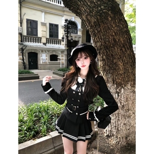 法式 千金学院风条纹撞色拼接双排扣上衣高腰JK制服百褶裙两件套