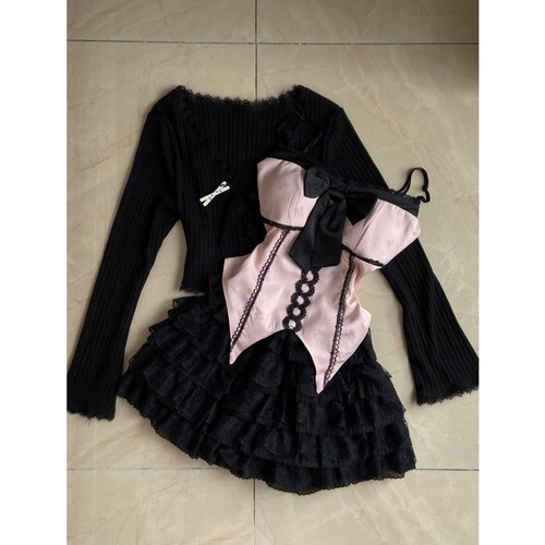 纯欲高级感辣妹秋季套装黑色开衫蕾丝蝴蝶结吊带蛋糕蓬蓬裙三件套