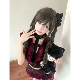 亚文化暗黑系辣妹格纹复古短袖外套十字架挂脖上衣收腰百褶裙套装
