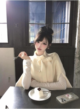 富家千金温柔风高级感斗篷外套名媛留洋小姐蝴蝶结披肩大衣外套女