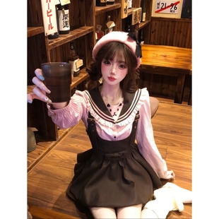 棕色背带裙两件套 复古学院风可爱猫咪印花海军领条纹衬衫 秋季 新款