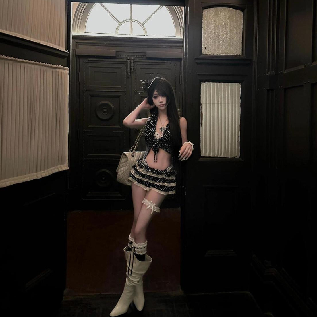 辣妹性感套装裙黑色波点无袖绑带背心女夏季蕾丝拼接蛋糕裙两件套,女装/女士精品,时尚套装,淘宝优惠券,粉丝福利购,淘宝优惠卷