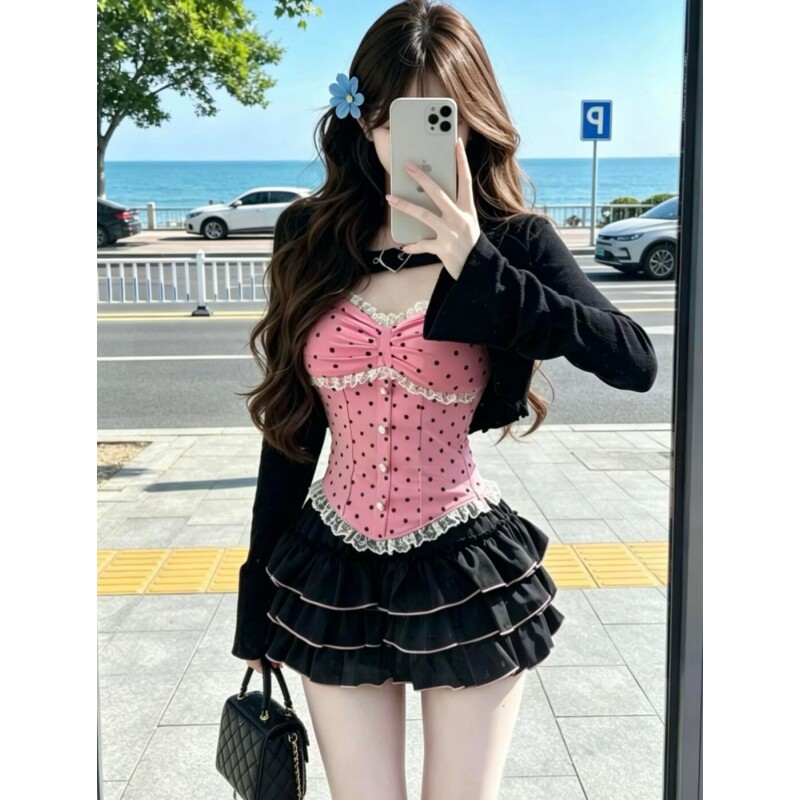 甜辣chic小个子套装裙披肩外套古早波点少女感吊带蓬蓬裙三件套女