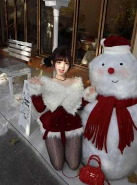 一字肩韩系圣诞穿搭氛围感小香风红色绑带显瘦上衣a字短裙两件套