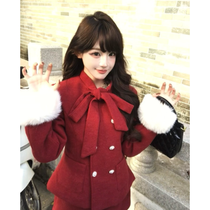 冬装新年战袍红色小香风套装蝴蝶结毛呢外套半身裙气质名媛风穿搭
