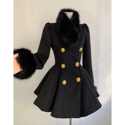 富家千金小香风黑色毛呢连衣裙