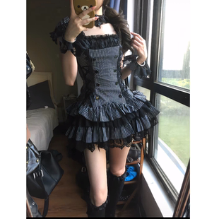 亚文化2yk辣妹连衣裙女夏季泡泡袖黑色条纹双排扣拼接花边短裙子