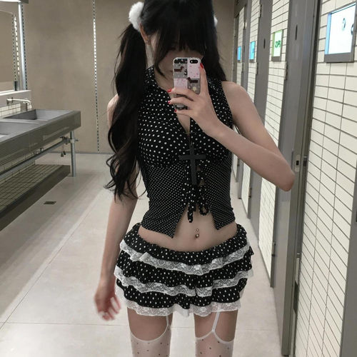 夏季辣妹波点无袖海边两件套