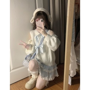 秋冬季 拼接花边高腰蛋糕裙两件套 甜美毛衣设计感露肩蝴蝶结针织衫