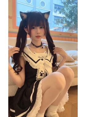纯欲风甜辣chic黑色少女感猫咪印花镂空上衣蝴蝶结短裙lolita裙