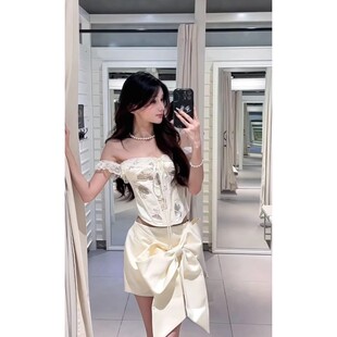 法式 上衣别致蝴蝶结短裙两件套 纯欲高级感精致一字肩拼接花边修身