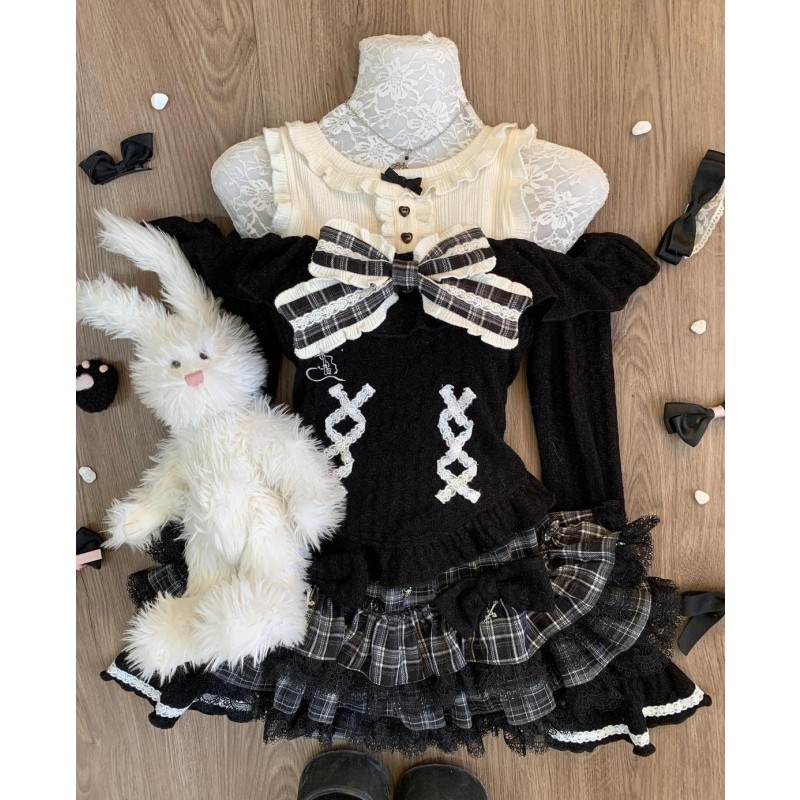 冬季新款日系亚文化甜酷套装蝴蝶结荷叶边针织上衣格纹短裙两件套,女装/女士精品,时尚套装,淘宝优惠券,粉丝福利购,淘宝优惠卷