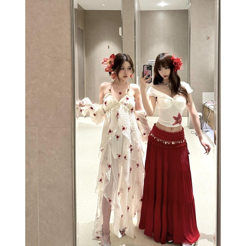 纯欲风海边度假辣妹风套装长裙收腰一字肩短袖上衣红色半身裙套装,女装/女士精品,时尚套装,淘宝优惠券,粉丝福利购,淘宝优惠卷