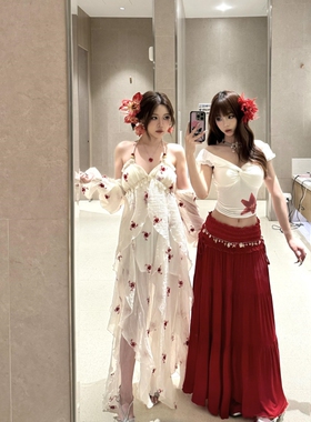 纯欲风海边度假辣妹风套装长裙收腰一字肩短袖上衣红色半身裙套装