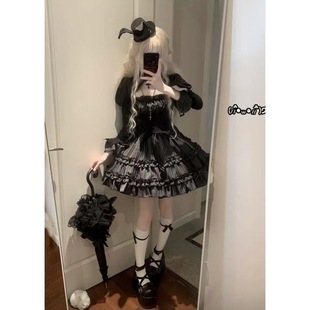 万圣节cos暗黑系洛丽塔喇叭袖 假两件镂空设计上衣条纹蓬蓬裙套装