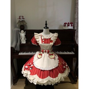 夏季 甜美可爱风Lolita裙洛丽塔红色撞色娃娃领裙子背带围裙两件套