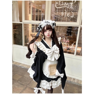 早秋甜美可爱洛丽塔减龄两件套女仆蝴蝶结蓬蓬连衣裙收腰围裙套装