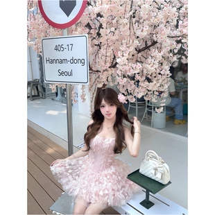 甜美小蝴蝶结抹胸连衣裙收腰显瘦夏季 粉色鱼骨小礼裙生日短裙 新款