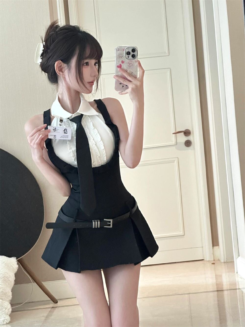 纯欲美式学姐辣妹风黑色挂脖背带裙无袖POLO领衬衫学院风穿搭套装