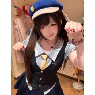 修身 衬衫 显瘦马甲高腰百褶裙三件套女 制服jk泡泡袖 韩系学院风新款