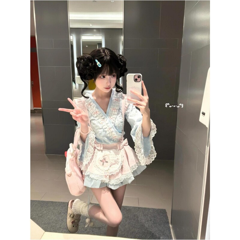 日系和风Lolita洛丽塔蓝色印花上衣撞色拼接蝴蝶结背带蓬蓬裙套装