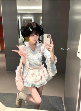 日系和风Lolita洛丽塔蓝色印花上衣撞色拼接蝴蝶结背带蓬蓬裙套装