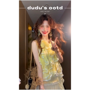 夏日绝美漂亮小裙子海边氛围感度假风荷叶边挂脖上衣长裙两件套女