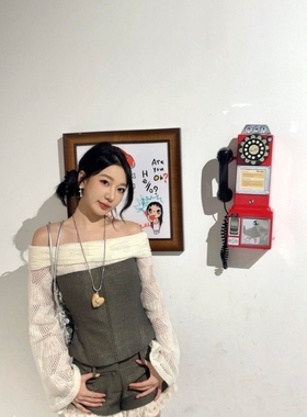 纯欲风辣妹性感高级感拼接一字肩长袖灰色假两件上衣短裤两件套女