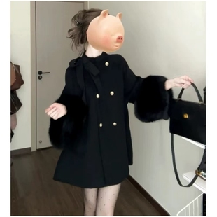 韩版留洋千金高级感超好看毛毛袖黑色毛呢外套小香风短款呢子大衣