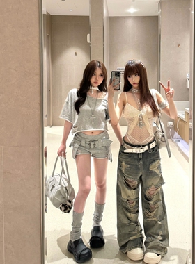 甜酷辣妹风灰色性感套装女斜肩不规则绑带宽松上衣直筒短裤两件套