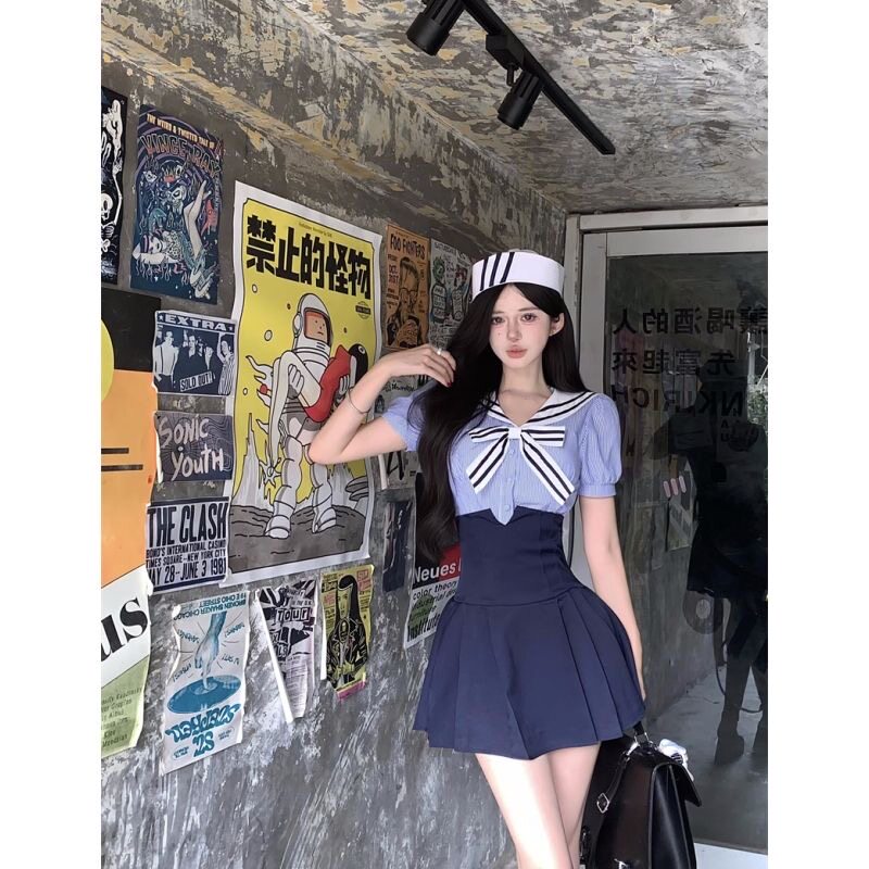 韩版学院风制服套装减龄女团风海军领短袖衬衣高腰百褶裙时尚套装