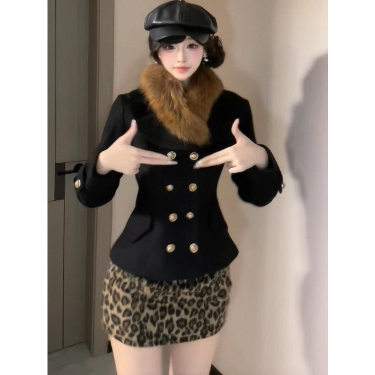富家千金黑色毛领短款毛呢外套女秋冬高级感小香风千金豹纹半身裙,女装/女士精品,时尚套装,淘宝优惠券,粉丝福利购,淘宝优惠卷