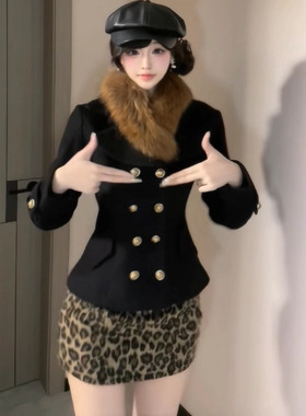 富家千金黑色毛领短款毛呢外套女秋冬高级感小香风千金豹纹半身裙