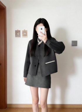 秋冬优雅风简约灰色套装新年战袍高级感毛呢开衫外套半身裙两件套