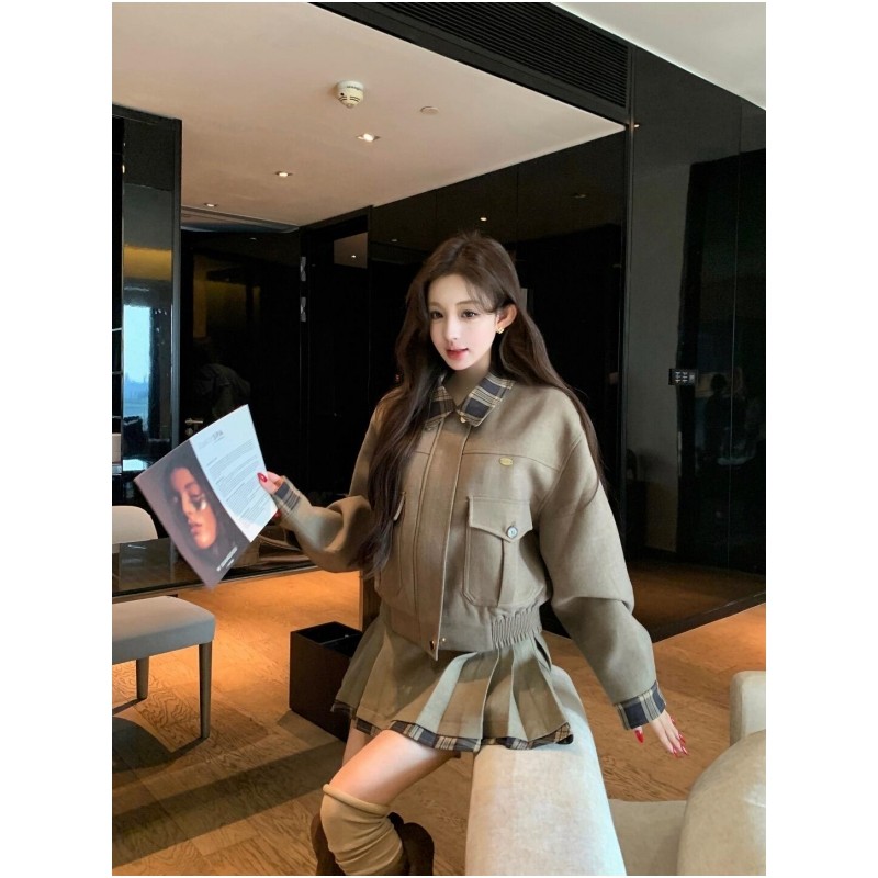韩系复古工装风格子拼接套装女秋季小个子短外套高腰百褶裙气质装,女装/女士精品,时尚套装,淘宝优惠券,粉丝福利购,淘宝优惠卷