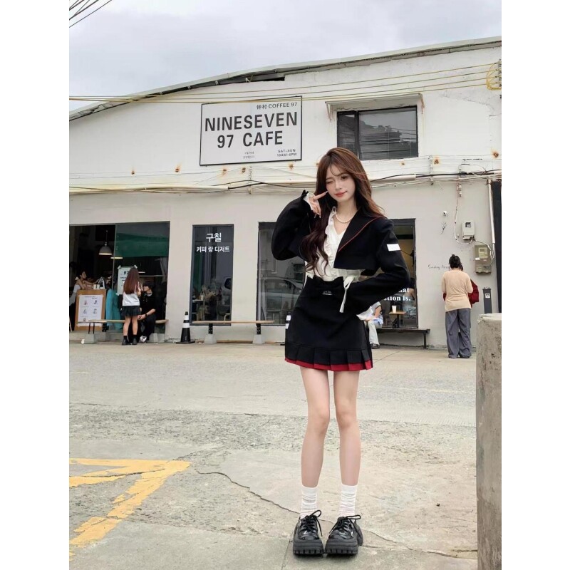 秋季新款设计感复古学院风套装西装海军领外套绑带衬衣显瘦半身裙