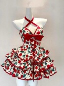 纯欲风辣妹复古红色玫瑰性感连衣裙挂脖无袖 蝴蝶结收腰绑带蓬蓬裙