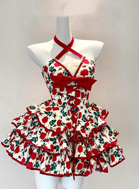 纯欲风辣妹复古红色玫瑰性感连衣裙挂脖无袖蝴蝶结收腰绑带蓬蓬裙