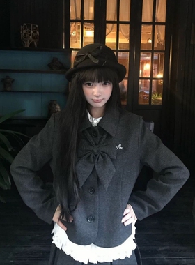 韩版日系复古学院风灰色毛呢蝴蝶结外套花边百搭衬衫中长裙三件套