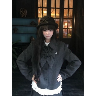 韩版 中长裙三件套 日系复古学院风灰色毛呢蝴蝶结外套花边百搭衬衫