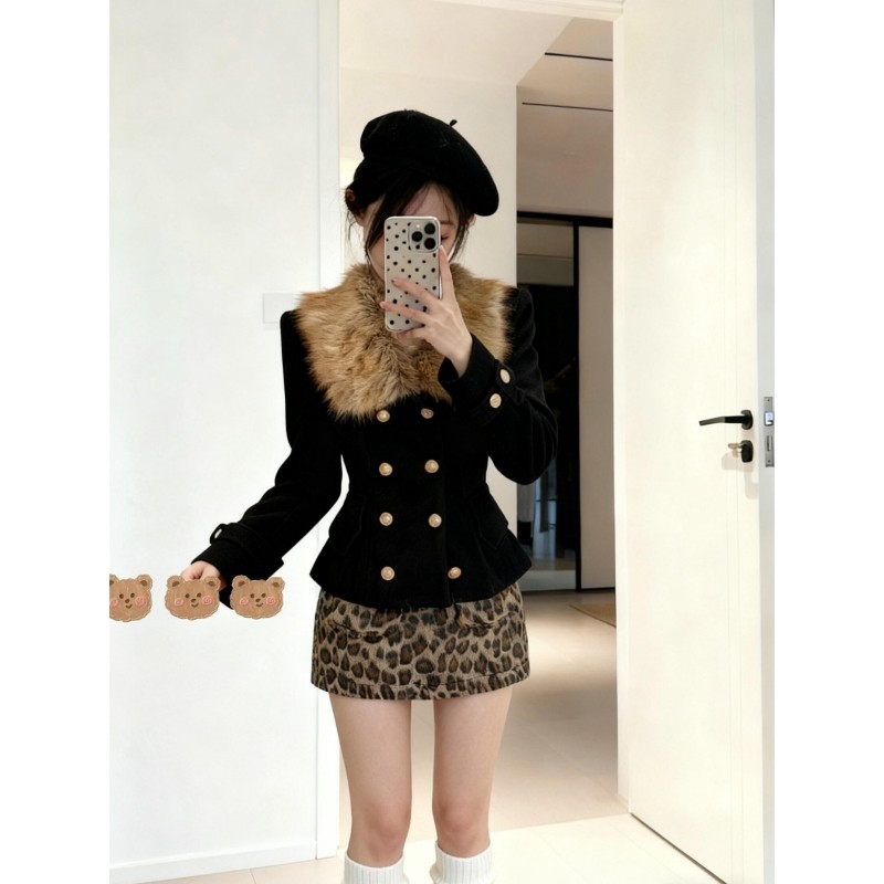 富家千金黑色豹纹小香风两件套