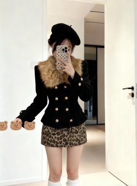 富家千金黑色毛领短款毛呢外套女秋冬高级感小香风千金豹纹半身裙