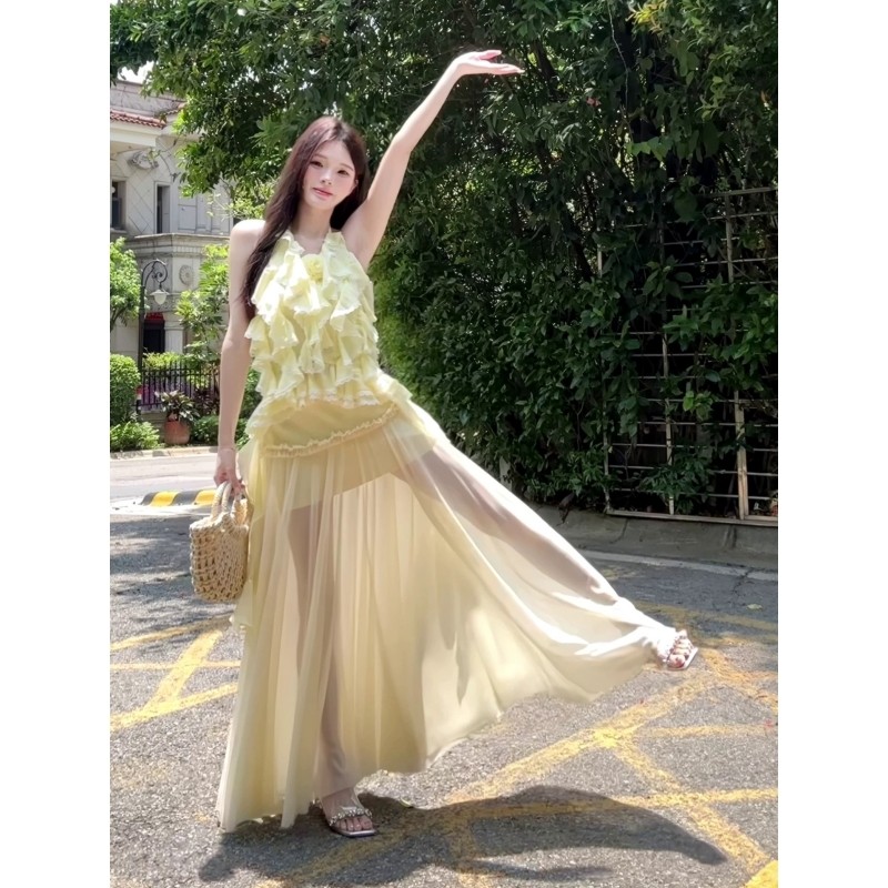 夏季辣妹性感风奶黄色荷叶边吊带挂脖上衣网纱中长裙度假风两件套,女装/女士精品,时尚套装,淘宝优惠券,粉丝福利购,淘宝优惠卷