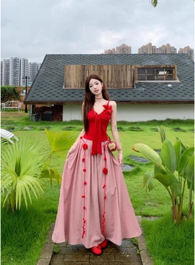 夏季纯欲甜辣氛围感度假风套装裙红色抹胸吊带上衣半身长裙两件套