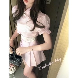 夏季新款少女粉嫩条纹泡泡袖衬衫领带上衣高腰显瘦设计半身裙套装