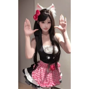 甜辣少女感kt猫无袖挂脖拼接粉格子收腰显瘦连衣裙蝴蝶结围裙套装