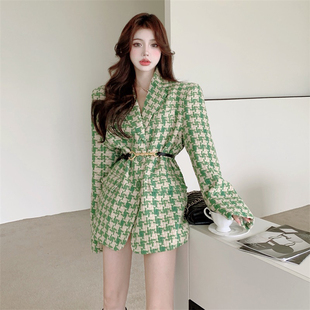 毛呢大衣 百搭小香风气质千鸟格子西装 毛呢外套女2024秋冬新款 时尚